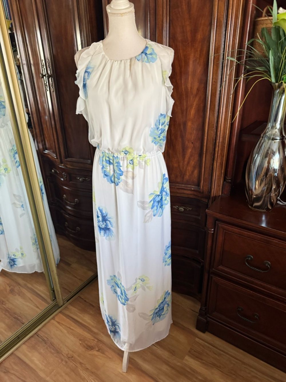Old Navy White Maxi Dress with Blue and Light Green Floral Print